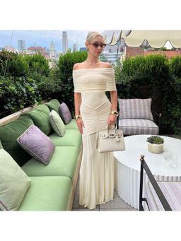 Outzidr - Apricot Off-Shoulder Ruched Party Maxi Dress