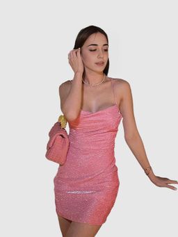 Outzidr - Shimmer Rouched Fitted Pink Party Mini Dress