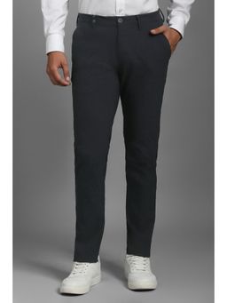 Louis Philippe - Men Navy Blue Solid Flat Front Casual Trousers