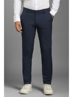 Louis Philippe - Men Navy Blue Solid Flat Front Casual Trousers