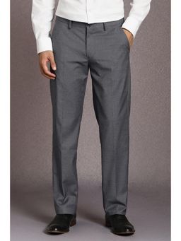 Louis Philippe - Men Grey Textured Flat Front Formal Trousers
