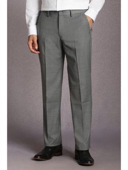 Louis Philippe - Men Grey Textured Flat Front Formal Trousers