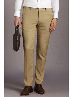 Louis Philippe - Men Khaki Textured Flat Front Formal Trousers