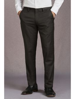 Louis Philippe - Men Charcoal Textured Flat Front Formal Trousers