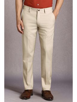 Louis Philippe - Men Beige Textured Flat Front Formal Trousers