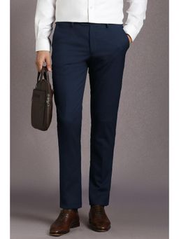 Louis Philippe - Men Navy Blue Textured Flat Front Formal Trousers