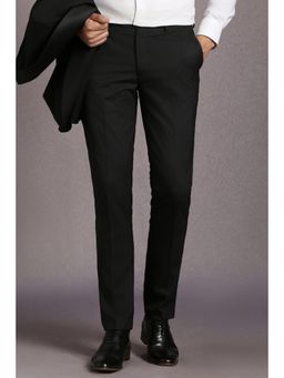 Louis Philippe - Men Black Textured Flat Front Formal Trousers