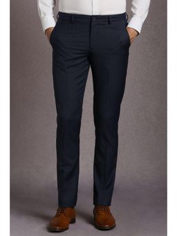 Louis Philippe - Men Navy Blue Textured Flat Front Formal Trousers