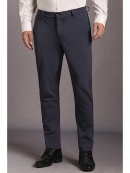 Louis Philippe - Men Navy Blue Solid Flat Front Formal Trousers