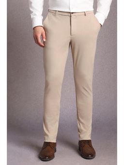 Louis Philippe - Men Beige Solid Flat Front Formal Trousers