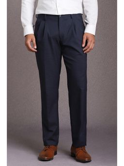 Louis Philippe - Men Navy Blue Check Pleated Formal Trousers