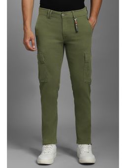 Louis Philippe - Men Olive Solid Flat Front Casual Cargo Trousers