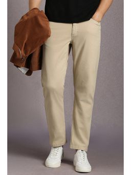 Louis Philippe - Men Beige Solid Flat Front Casual Trousers
