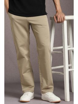 Louis Philippe - Men Beige Textured Flat Front Casual Trousers