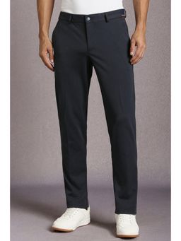 Louis Philippe - Men Navy Blue Solid Flat Front Casual Trousers
