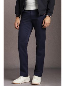 Louis Philippe - Men Navy Blue Solid Flat Front Casual Trousers