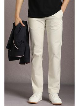 Louis Philippe - Men Beige Solid Flat Front Casual Trousers