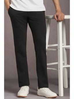 Louis Philippe - Men Black Solid Flat Front Casual Trousers