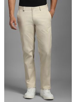 Louis Philippe - Men Cream Solid Flat Front Casual Trousers