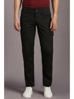 Louis Philippe - Men Black Solid Flat Front Casual Cargo Trousers