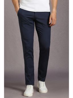 Louis Philippe - Men Navy Blue Solid Flat Front Casual Trousers