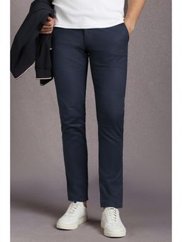 Louis Philippe - Men Navy Blue Solid Flat Front Casual Trousers