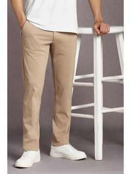 Louis Philippe - Men Beige Textured Flat Front Casual Trousers