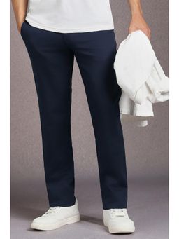 Louis Philippe - Men Navy Blue Solid Flat Front Casual Trousers