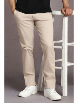 Louis Philippe - Men Beige Solid Flat Front Casual Trousers
