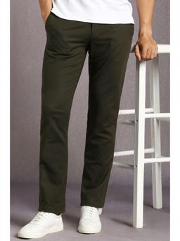 Louis Philippe - Men Olive Solid Flat Front Casual Trousers