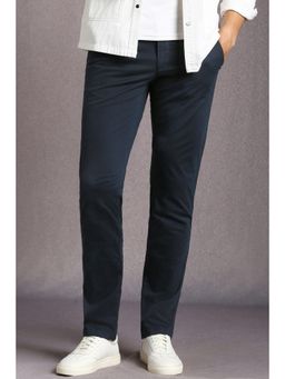 Louis Philippe - Men Navy Blue Solid Flat Front Casual Trousers