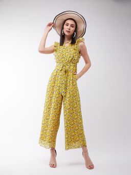 Miss Chase - Women's Multicolored-Base-Yellow Sleeveless Floral Regular Jumpsuit