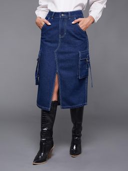 Miss Chase - Women's Navy Blue Straight High Rise Clean Look Midi Denim Skirt