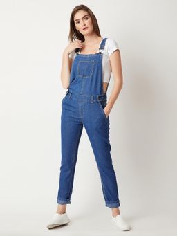 Miss Chase - Women's Blue Regular Fit Mid Rise Regular Length Denim Dungaree
