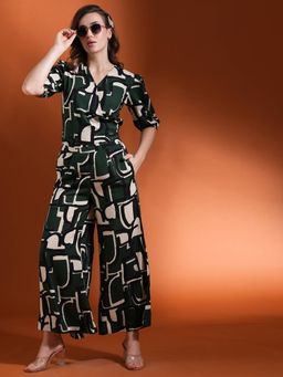 Globus - Green V-Neck Puff Sleeves Abstract Printed Back Tie-Up Co-Ord (Set of 2)