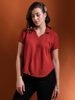 Globus - Women Rust Collared Neck Extended Sleeves Self Design Shirt Style Workwear Top