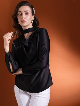 Globus - Black Cowl Neck Long Cuffed Sleeves Stain Top