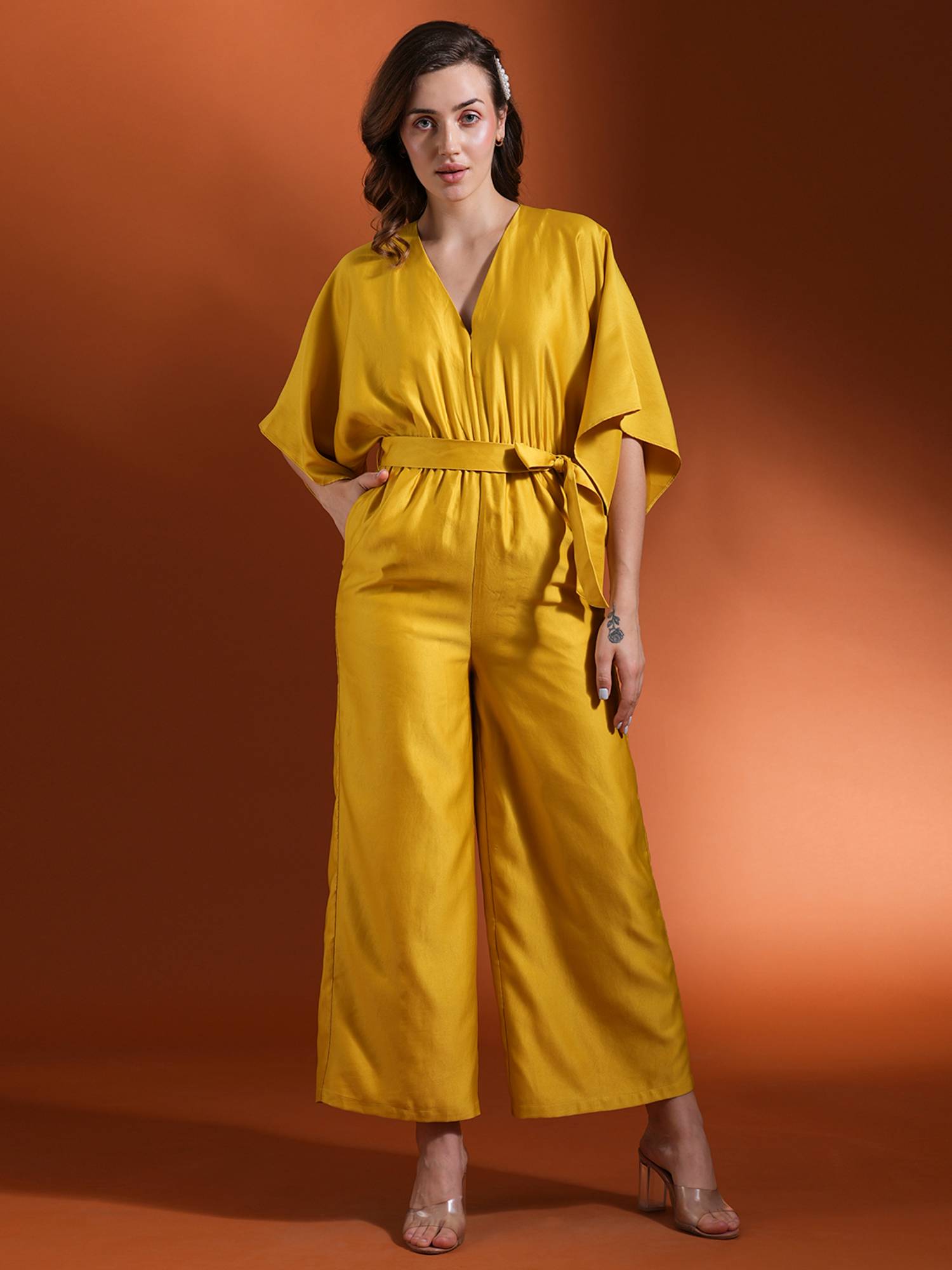 globus Yellow Wrap Neck Kimono Style Extended Sleeves Jumpsuit with Belt (Set of 2)-picture-24