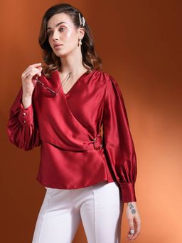 Globus - Maroon Wrap V-Neck Bishop Cuffed Sleeves Satin Top
