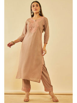 Soch - Beige Rayon Slub Embroidered Kurta with Pant (Set of 2)