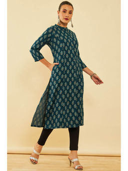 Soch - Teal Rayon Printed Kurta