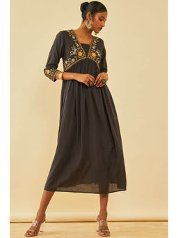 Soch - Black Slub Rayon Embroidered Dress