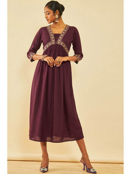 Soch - Wine Rayon Slub Embroidered Dress