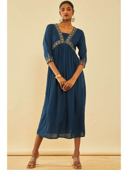 Soch - Teal Slub Rayon Embroidered Dress