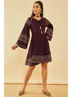 Soch - Wine Rayon Slub Embroidered Dress