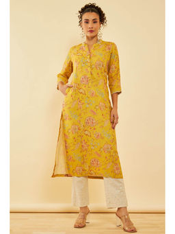 Soch - Mustard Linen Floral Print Kurta