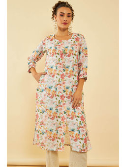 Soch - White Polyester Floral Print Kurta