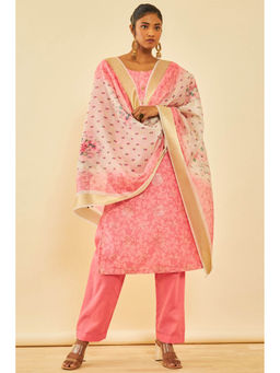 Soch - Pink Chanderi Floral Print Dress Material (Set of 3)