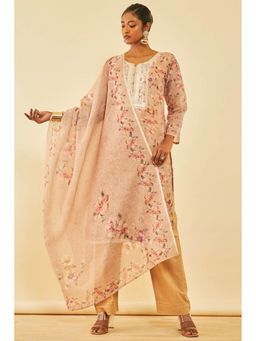 Soch - Brown Linen Embroidered Dress Material (Set of 3)