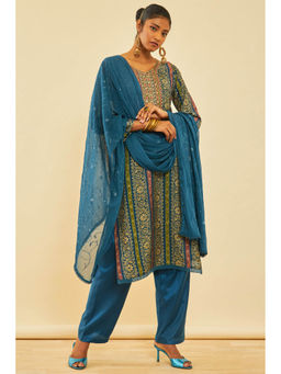 Soch - Teal Silk Embroidered Dress Material (Set of 3)